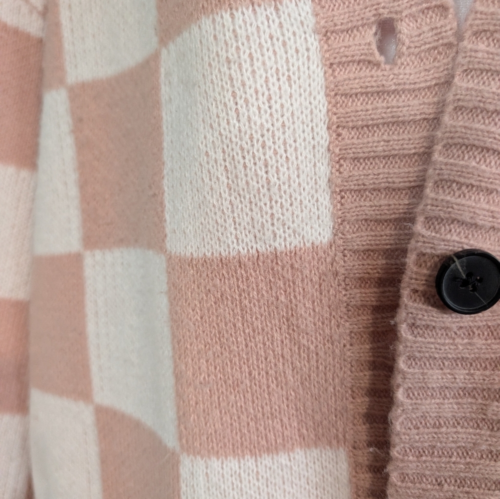 Blush Cream Checkered Cardigan Sweater Oversized Cozy Knit Coquette Soft Girl S image 4